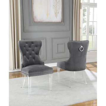 Tufted Dark Gray Velvet Side Chairs with Clear Acrylic Legs (Set of 2)