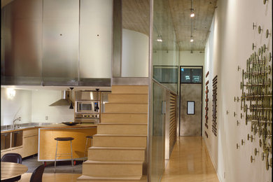 This is an example of a mid-sized modern hallway in San Francisco with white walls and light hardwood floors.