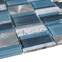 Glossy Blue and Blue Stone Random Brick Rectangle Pattern Glass Mos - Home Decor