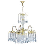 homeroots lighting - Two Tier Crystal and Gold Hanging Chandelier Light - A classy light piece, this Two Tier Crystal and Gold Hanging Chandelier Light will add style and brightness to any room of your home. The ceiling bracket is made of metal and has a gold finish on it. The chain then attaches to the first tier of the chandelier which is smaller. There is a main crystal body with hanging crystals all around it. The main piece at the bottom has thick gold rods coming out of a central point which then hold up multiple strands of hanging crystals. This hanging chandelier will look great as an anchor in your bedroom, your living room, or even you dining area. 25" H x 19" W x 19" D