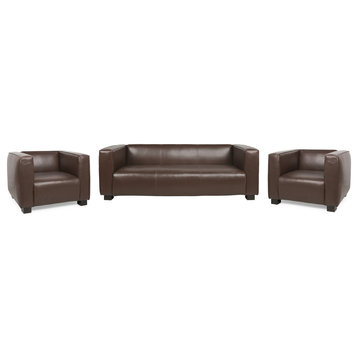 Minkler Contemporary Faux Leather 3-Piece Sofa Set, Dark Brown/Dark Walnut