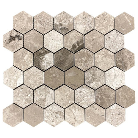 Silver Shadow Marble 2" Hexagon on 12"x12" Mesh Mosaic Tile (10 sqft per box)