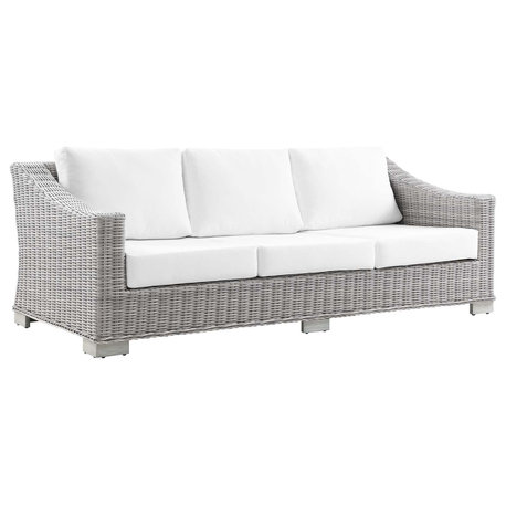 Conway Outdoor Patio Wicker Rattan Sofa, Light Gray/White