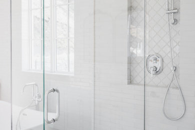 French country master white tile bathroom photo in Other with a hinged shower door