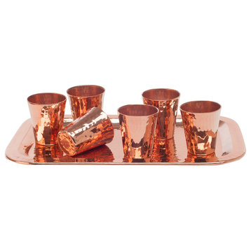 Sertodo Sharpshooter Set, Hammered Copper, 6 Cups With Charolita Platter