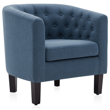 Upholstered Tufted Barrel Chair Roll Armrest Accent Chair, Navy Blue