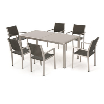 GDF Studio 7-Piece Coral Bay Outdoor Gray Aluminum Dining Set, Glass Table Top