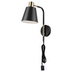 Globe Electric - Novogratz x Globe Cleo 1-Light Matte Black Plug-In or Hardwire Wall Sconce - Functionality, versatility, and style come together to create a wall sconce worthy of your space and complementary to any decor. A straight bell shade hangs from a perfectly rounded sconce arm to create a classic silhouette. The matte black finish is expertly accented with antique brass to complete the look. You can place this light next to your bed as a reading light or in your living room next to your favorite chair. With the option of plugging it in or hardwiring it in place, the options are truly endless. The Novogratz and Globe Electric - lighting made easy.