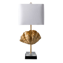 Surya - Surya Adria Iron Bottom Seashell White Linen Square Shade Table Lamp - Table Lamps