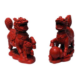 Chinese Handmade Red Cinnabar Pair Kirin Fengshui Figure - Decorative Objects And Figurines