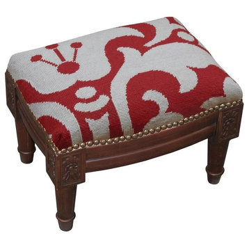 Damask Wool Needlepoint Wooden Footstool, Red and Gray