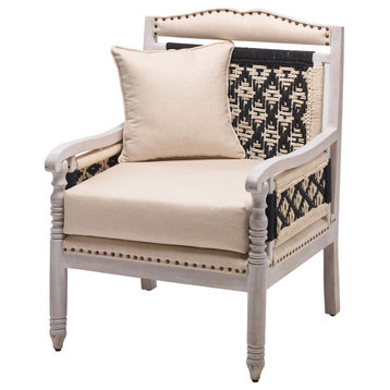 Solid Wood White Wash Base Rope Woven Upholstered Accent Chair Cream