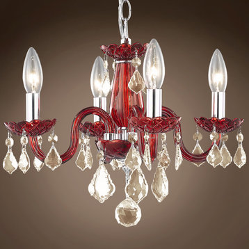 Victorian Design 4 Lt 15" Red Chandelier With Cognac Crystal & Led Bulbs