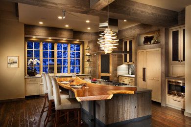 Mountain style kitchen photo in San Francisco with wood countertops, recessed-panel cabinets, paneled appliances and light wood cabinets