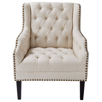 Cream Upholstered Chair With Brass Studs, Andrew Martin Bassett