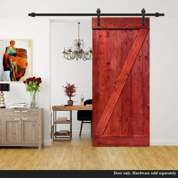 Stained Solid Pine Wood Sliding Barn Door, Cherry Red, 36"x84", Z Bar