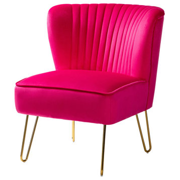 Tufted Side Chair With Golden Base, Fushia