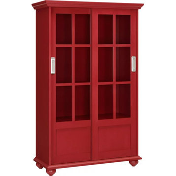 Transitional Bookcase, Sliding Doors With Glass Panels & Inner Shelves, Red