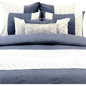 Queen Duvet Cover 8 Pc set in Blue Chambray Cotton, Hakoba Lace Embroidery