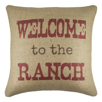 "Welcome to the Ranch" Burlap Pillow, Red