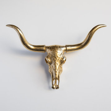 Faux Large Carved Texas Longhorn Skull Wall Decor, Gold