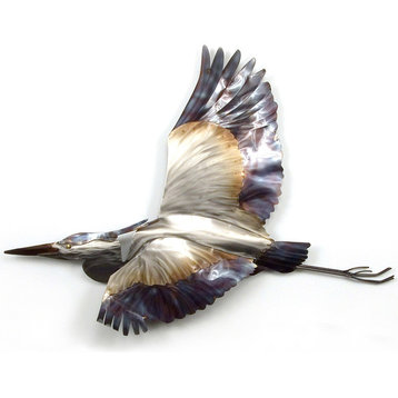 Coastal Home Decor 'Blue Heron Flying' - Beach Heron Art on Stainless Steel