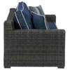 Benzara BM262988 Loveseat With Resin Wicker and Zipper Cushions, Brown and Blue