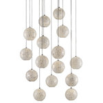 Currey & Company - Finhorn Round 15-Light Multi-Drop Pendant - The Finhorn Round 15-Light Multi-Drop Pendant has orb-shaped shades covered with small squares of mother of pearl, painstakingly hand-applied. The stem and canopy of the white pendant light are in a painted silver finish to keep the composition light. This fixture is among Currey & Company's introduction of cluster lights, which includes 1-light up to 36-light configurations. We also offer the Finhorn in an orb pendant.