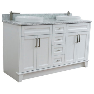 61" Double Sink Vanity, White Finish And White Carrara Marble And Round Sink