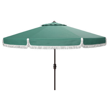Safavieh Milan Fringe 9ft Crank Outdoor Push Button Tilt Umbrella Hunter Green