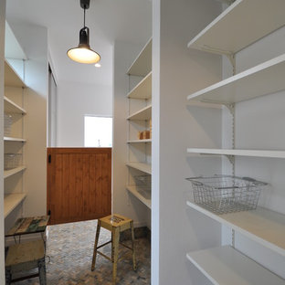This is an example of a mid-sized scandinavian kitchen pantry in Other with open cabinets, white cabinets and no island.