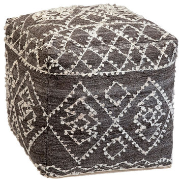 Trofa Handwoven Wool Upholstered Pouf, Grey/Ivory