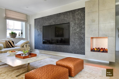 Mittelgroßes, Abgetrenntes Modernes Wohnzimmer mit grauer Wandfarbe und TV-Wand in Düsseldorf