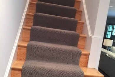 This is an example of a small contemporary carpeted straight staircase in DC Metro with wood risers.