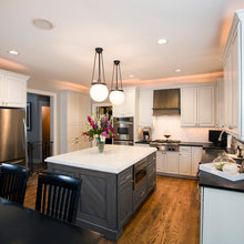 White kitchen, gray island