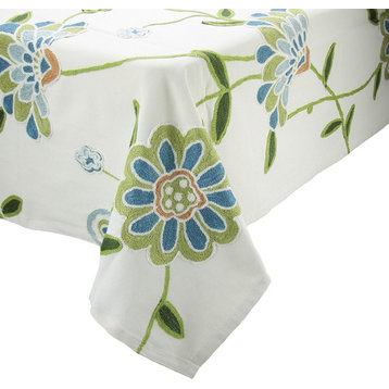 Crewel Embroidered Flora Linens Collection Tablecloth, Blue, 60"x60In