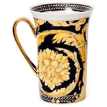 Royalty Porcelain Luxury Tea Cup/Mug, Floral Design, 24K Gold (12 Oz, Black)