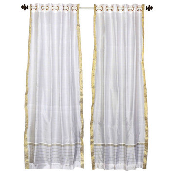 Lined-White with Golden Trim Ring Top Sheer Sari Cafe Curtain Drape-Piece