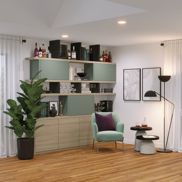 Modern Living Room And Kitchen With Purple and Mint Accents