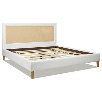 Haley Upholstered Cane Back Platform Bed King Eggshell White Linen