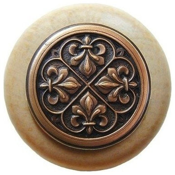 Fleur-De-Lis Natural Wood Knob, Clear Finish With Antique-Style Copper
