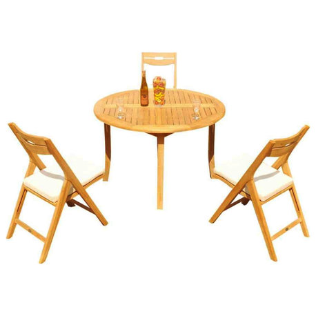 4-Piece Outdoor Teak Dining Set: 52" Round Table, 3 Surf Folding Arm Chairs