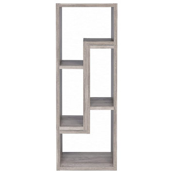 Contemporary Bookcase, Unique Design With Staggered Shelves, Driftwood Grey