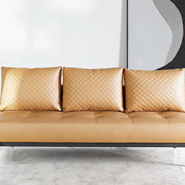 Sly Deluxe Q Camel Leather Sofa Bed / Chromed Legs by Innovation USA - $1530.00
