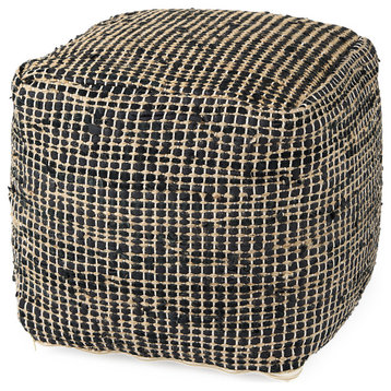 Aalia 16.0L x 16.0W x 16.0H Charcoal Leather and Jute Pouf