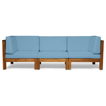 GDF Studio Dawson Outdoor 3-Seater Acacia Wood Sectional Sofa Set, Teak/Blue