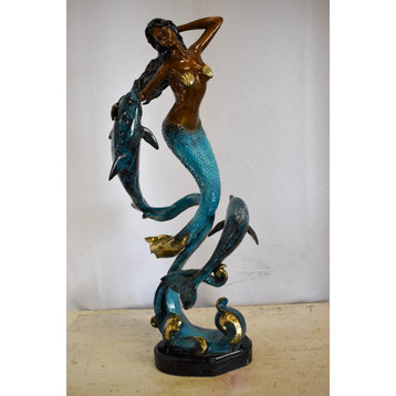 Graceful Mermaid and Two Dolphins Bronze Statue 13" x 9" x 31"H