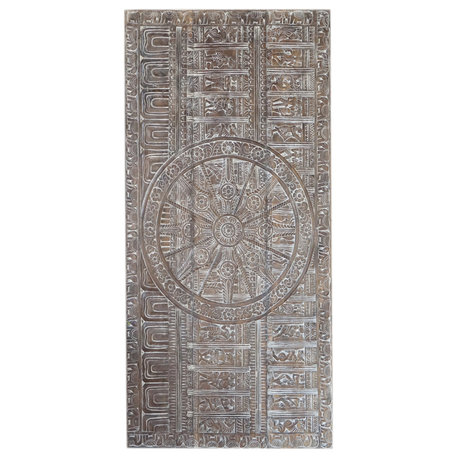 Consigned Hand Carved Sliding Door Vintage Sun Temple Wall Sculpture 72