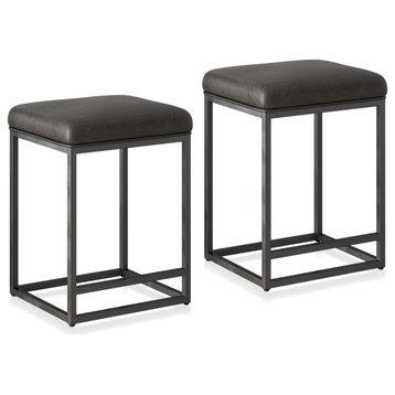 24" Upholstered PU Leather Bar Stools Set of 2, with Metal Base, Grey & Black