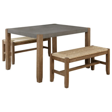 Newport 3-Piece Modern Wood Dining Table, Two Rush-Seat Benches